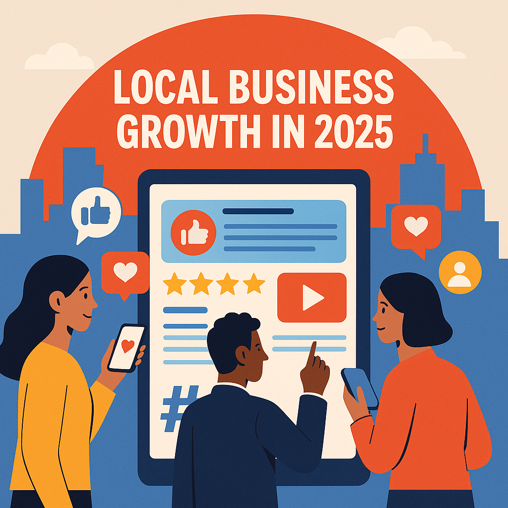 Illustration of local business owners using social media platforms like Facebook and Instagram to grow their brands in 2025, showcasing engagement, likes, and online marketing success.