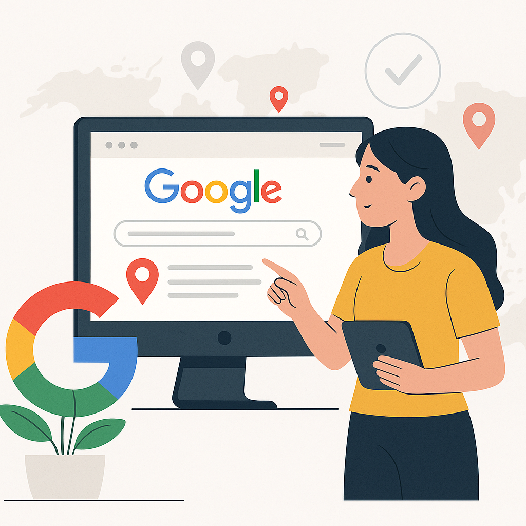 Illustration of a business owner setting up her company on Google Search using a desktop and tablet, symbolizing online visibility, map listings, and Google business setup success.