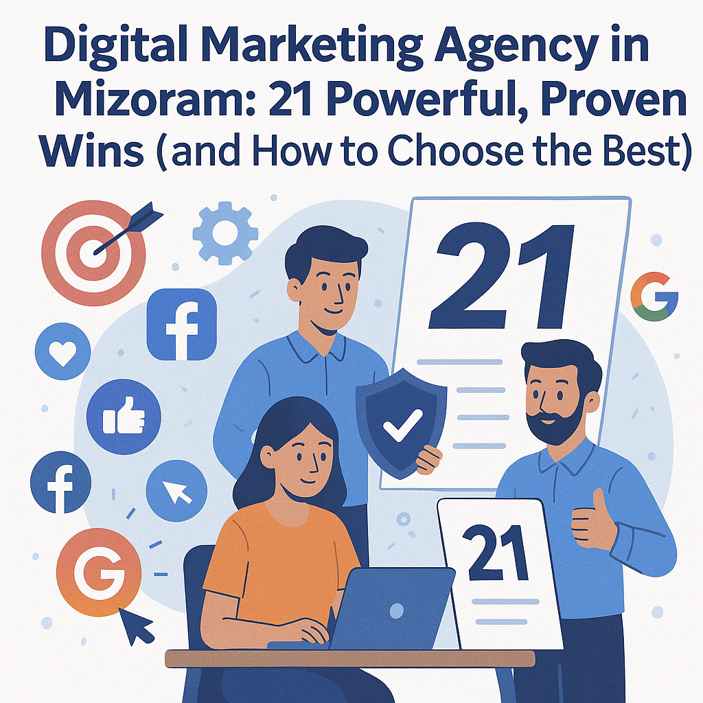 Illustration of a digital marketing agency team in Mizoram discussing 21 proven strategies for SEO, social media, and ads success, surrounded by icons for Google, Facebook, and analytics.